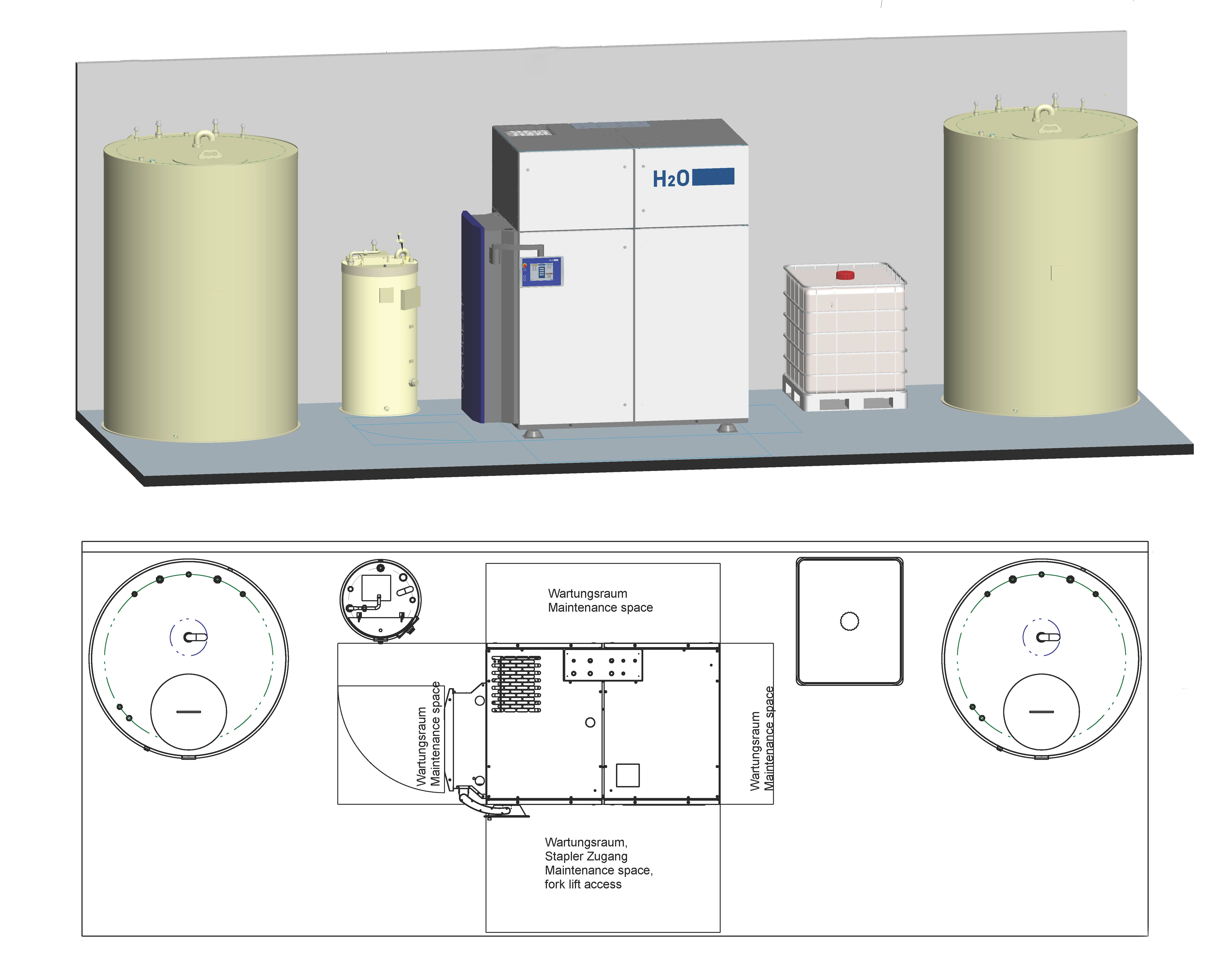 A rendering of a vacuum distillation plant and a corresponding floor plan.