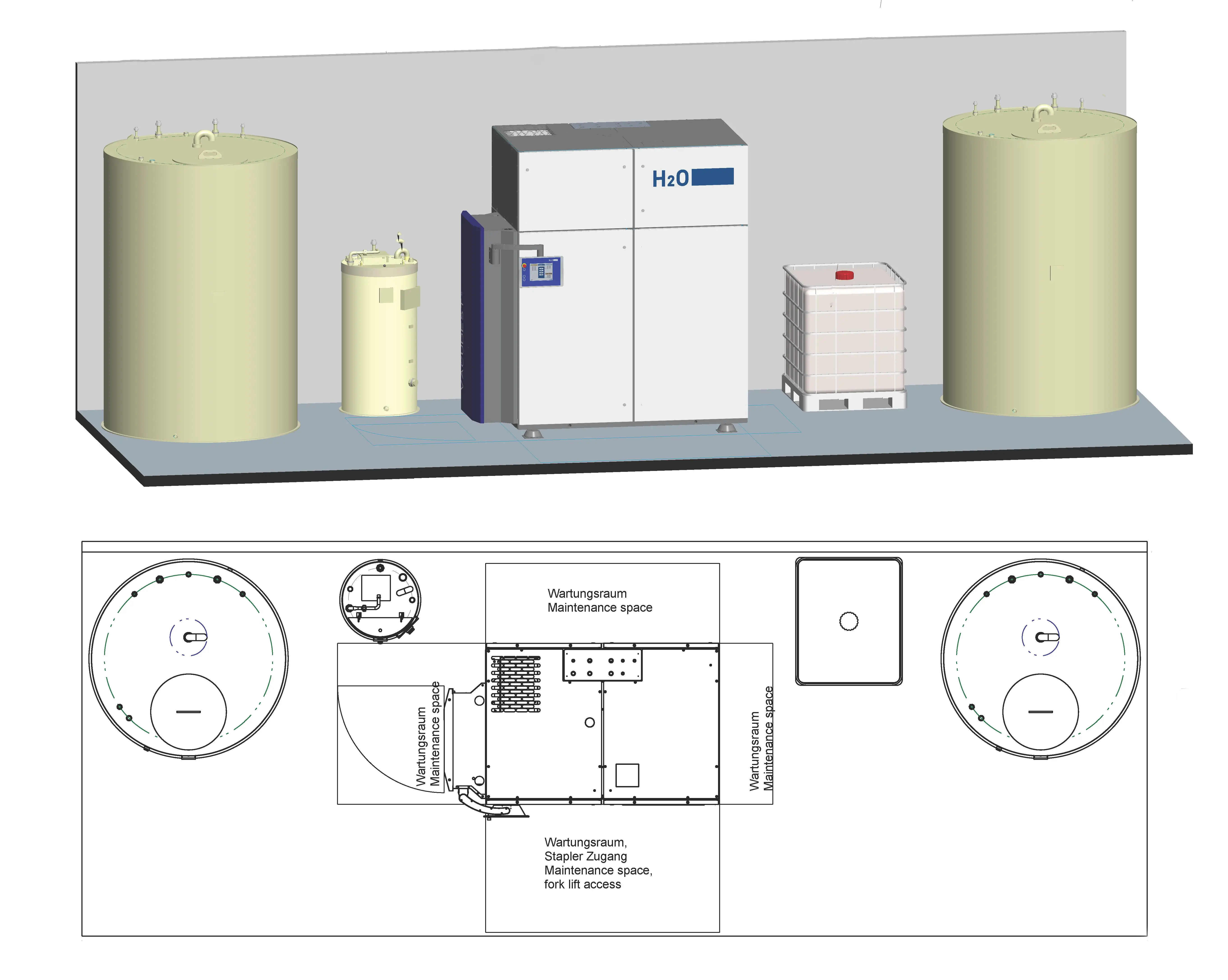 Grafika 3D systemu destylacji próżniowej VACUDEST wraz z planem instalacji