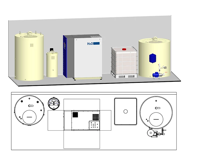  3D rendering of a VACUDEST machine with tanks and an installation plan