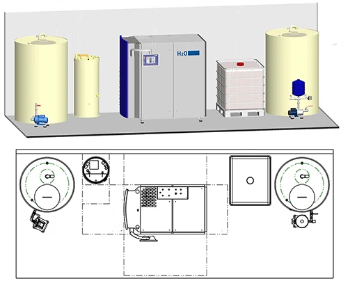 3D representation of a VACUDEST S with tanks, including an installation plan