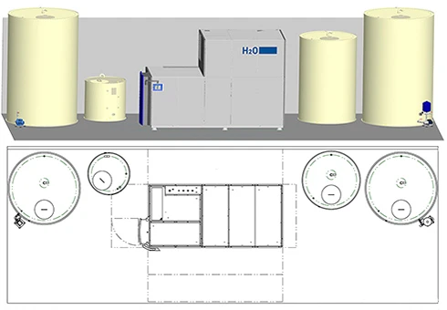  Rendering 3D urządzenia VACUDEST XL ze zbiornikami wraz z planem instalacji