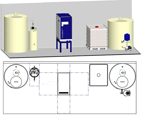 3D model and layout plan of the VACUDEST XS